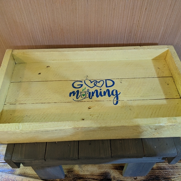 Handmade Wood Tray Hand Crafted Good Morning with Handles - Picture 8 of 10